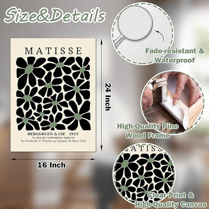 Sage Green Wall Posters & Prints, Green Matisse Wall Art Set of 3, Abstract Matisse Framed Wall Art Decor, Minimalist Geometric Line Green Canvas Artwork Paintings for Living Room, Bedroom, Office