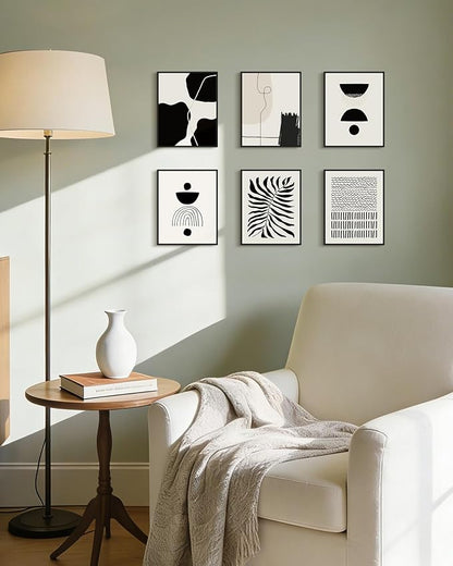 KUVIOKE Black Abstract Framed Wall Art Boho Room Decor Set of 6 Minimalist Geometric Line Art Bohemian Mid Century Modern Prints for Bedroom Living Room 8x10in (Black Framed)