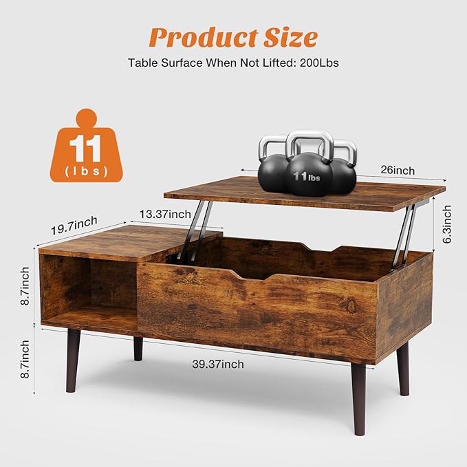 Sweetcrispy Wood Coffee Table Lift Top Coffee Tables for Living Room Office, Small Rising Wooden Center Tables with Large Storage Shelf and Hidden Compartment, Brown | Lift Top