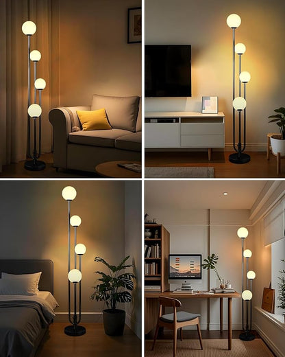 63IN 4-Light Dimmable Floor Lamp, Unique Black Tall Standing Lamps with Globe Shade &3000K Bulbs for Reading, Mid Century Modern Floor Lamp with 5Lbs Heavy Base for Living Room Bedroom Office