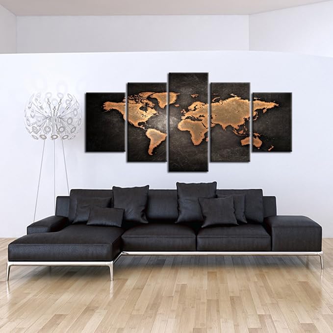 KREATIVE ARTS Retro World Map Poster Framed 5 Pcs Giclee Canvas Prints Vintage Abstract World Map Painting Printed on Canvas Ready to Hang for Living Room Office Decor Gift (XLARGE SIZE 79x40inch)
