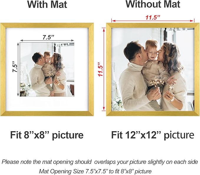 Yaetm Gold 12x12 Picture Frames Set of 9, Square Frame Displays 8x8 with Mat or 12x12 without Mat, Gallery Wall Frame Set for Wall Mounting (9 pack, Gold)