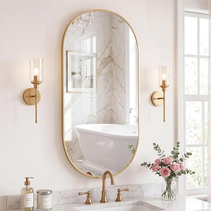 NEWBULIG 24" x 48" Oval Bathroom Mirror, Gold Wall Mirror with Metal Frame, Tempered Glass, Morden Vanity Mirror for Over Sink, Entryway, Living Room, Bedroom, Horizontal or Vertical
