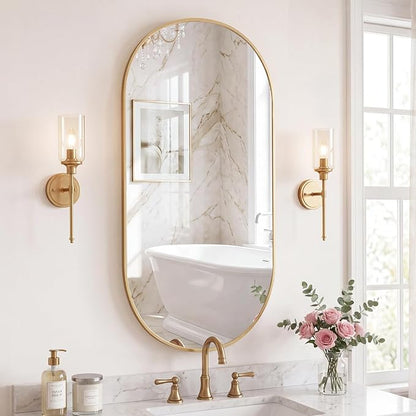 NEWBULIG 24" x 48" Oval Bathroom Mirror, Gold Wall Mirror with Metal Frame, Tempered Glass, Morden Vanity Mirror for Over Sink, Entryway, Living Room, Bedroom, Horizontal or Vertical