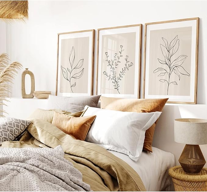 Joocrise Botanical Wall Art Decor Set of 3 Neutral Wall Decor Boho Beige Canvas Wall Art Botanical Minimalist Pictures Botanical Neutral Prints Beige Boho Artwork for Room Bedroom 16x24 Inch Unframed