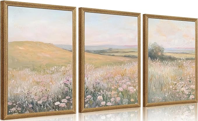 Framed 3Pcs FloralLandscape Canvas Wall Art French Country Painting Picture Wall Decor Vintage Country Wildflower Print Farmhouse Poster Artwork for Living Room Bedroom Home Decoration