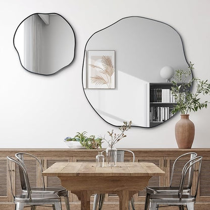 POZINO Irregular Mirror, 35" Large Asymmetrical Circle Mirrors, Black Scalloped Rounded Mirror, Modern Frameless Abstract Mirrors for Living Room Bedroom Bathroom Entryway Hallway Fireplace