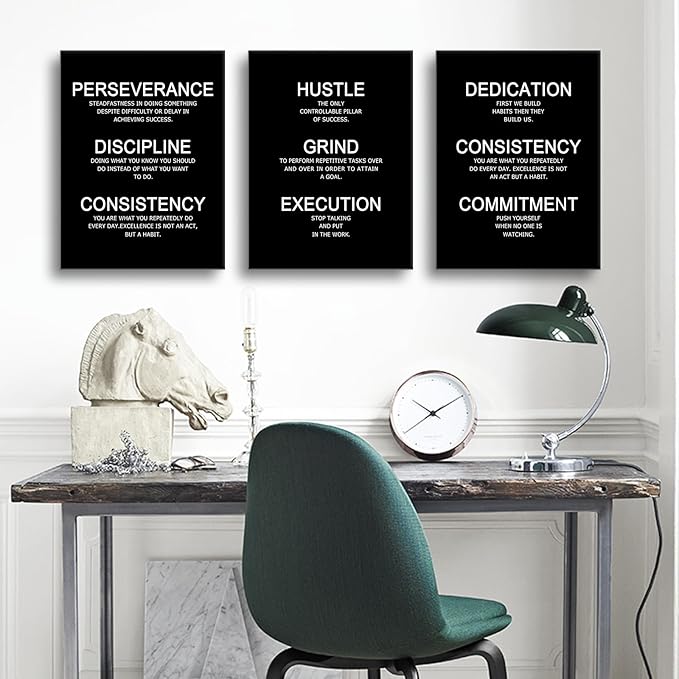 Perseverance Discipline Consistency Motivational Wall Art Success Quote Inspirational Poster Canvas Prints Artwork for Office Decor Modern Home Painting Pictures Stretched and Framed [36''W X 16''H]