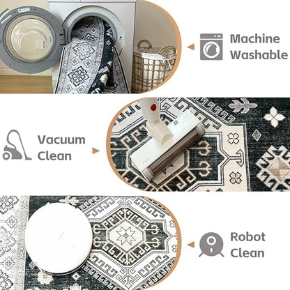 4x6 Area Rugs Black and White Washable Rug for Living Room, Dining Room, Bedroom, Large Carpets, Non Slip & Non-Shedding Low Pile Vintage Print Rug for Home Office Decor