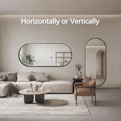 Oval Full Length Mirror, 71"×32" Wall-Mounted Floor Mirror with Metal Frame, Ultra-Clear Explosion-Proof Dressing Mirror, Simple and Classic Deco for Cloakroom/Bedroom/Living Room, Black