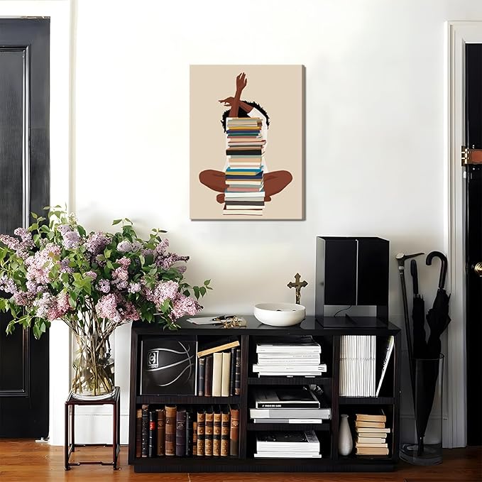 AKWISH Black Girl Canvas Wall Art - African American Wall Decor, Modern Black Woman with Book Art for Bedroom Living Room - Framed 12x16 inch