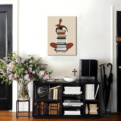 AKWISH Black Girl Canvas Wall Art - African American Wall Decor, Modern Black Woman with Book Art for Bedroom Living Room - Framed 12x16 inch