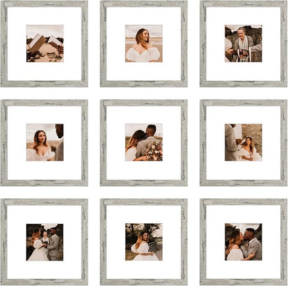 8x8 Picture Frame Set of 9, Display Pictures 4x4 with Mat or 8x8 without Mat, Multi Collage Gallery Square Photo Frames for Wall or Tabletop, Distressed Gray