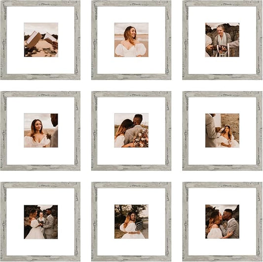 8x8 Picture Frame Set of 9, Display Pictures 4x4 with Mat or 8x8 without Mat, Multi Collage Gallery Square Photo Frames for Wall or Tabletop, Distressed Gray