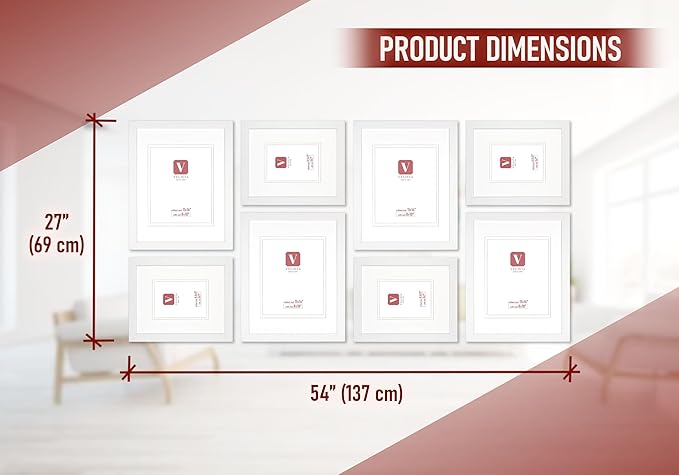 VELISTA 8 Piece Large Rectangle Gallery Wall Frame Set - Photo Frame Set with Mat 5x7 and 8x10 in - Picture Frame Set for Wall Collage made of Engineered Wood –Assorted Picture Frames (White)