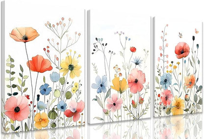 KISSFOX Framed Colorful Wildflower Canvas Wall Art Set Of 3 Flowers Pictures Prints Flowers Printing Floral Watercolors Flower wall Decor Living Room Girls Bedroom Bathroom