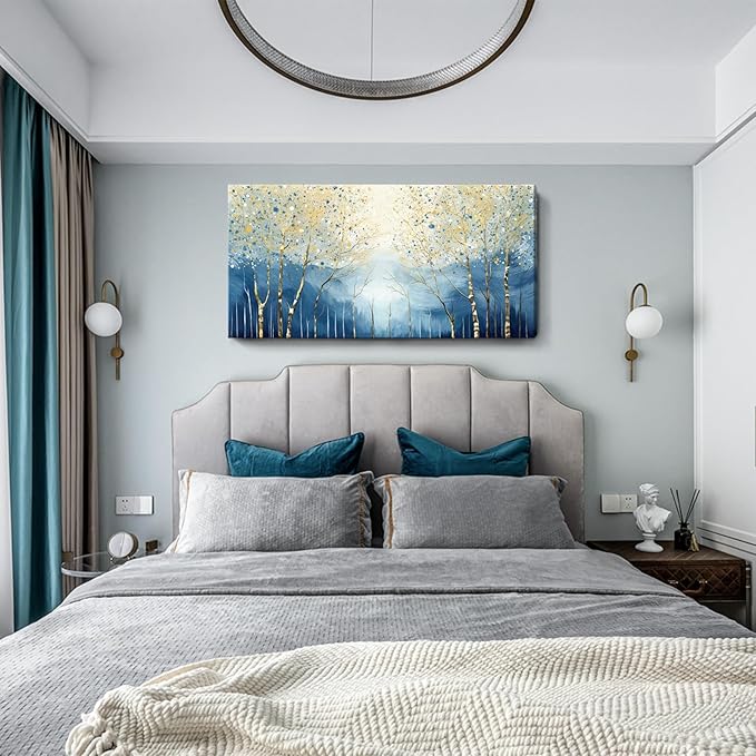 amatop Large Abstract Art Wall Hanging For The Living Room, Featuring Modern Plant Prints Pictures And Blue And Yellow Tree Artwork For Bedrooms, Bathrooms, Dining Rooms, And Studies. 48X24 Inches.