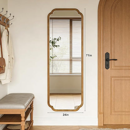 HOMECOOKIN Full Length Mirror Wall Mounted, Rustic Wooden Frame Floor Mirror, Rounded Corner Large Full Body Mirror for Bedroom,Dressing Room， Leaning or Hanging Against Wall (Natural, 71" L x 24" W)