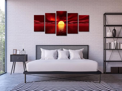 Wieco Art Red Sun Canvas Prints Wall Art Ocean Sea Beach Pictures Paintings Ready to Hang for Living Room Bedroom Home Decorations Modern 5 Piece Stretched and Framed Grace Landscape Giclee Artwork