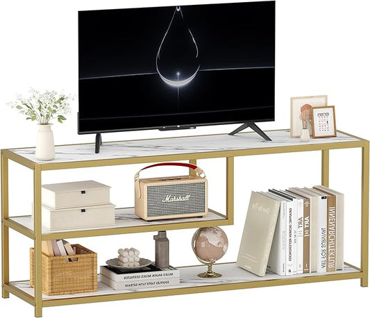 Function Home TV Stand for TVs up to 55 Inch, 3 Tier Entertainment Center, Media Console with Open Storage Shelves for Living Room Bedroom, 47” Modern TV Table with Faux Marble Top Gold Metal Leg
