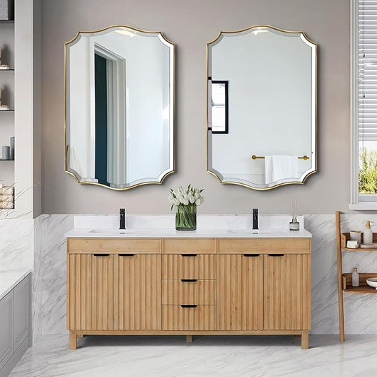 POZINO Scalloped Beveled Mirror, 24"x36" Brushed Gold Modern Bathroom Mirror, Brass Rectangle Wavy Vanity Mirrors for Living Room Bedroom Fireplace Entryway, Hangs Vertically or Horizontally