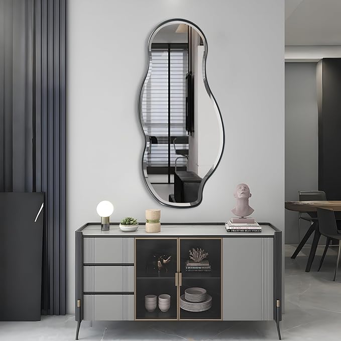 POZINO Irregular Beveled Mirror, 40"x18" Premium Bathroom Vanity Mirror with Metal Frame, Asymmetrical Organic Shaped Wall Mirrors for Living Room Bedroom Hallway Entryway, Horizontal/Vertical Hanging
