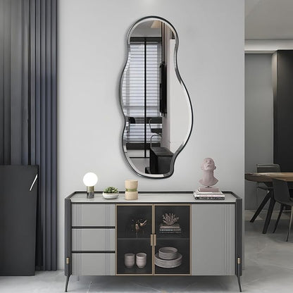 POZINO Irregular Beveled Mirror, 40"x18" Premium Bathroom Vanity Mirror with Metal Frame, Asymmetrical Organic Shaped Wall Mirrors for Living Room Bedroom Hallway Entryway, Horizontal/Vertical Hanging