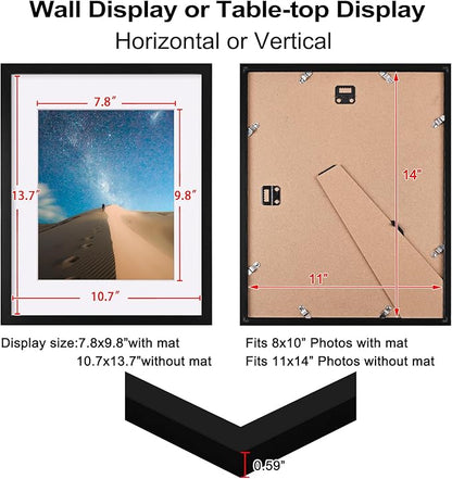 KINLINK 11x14 Picture Frame Set of 6, Wooden 14x11 Photo Frames with Plexiglass for 8x10 Picture with Mat or 11x14 Without Mat, Art Collage for Wall Gallery and Tabletop Display, 11 x 14 Frame Black