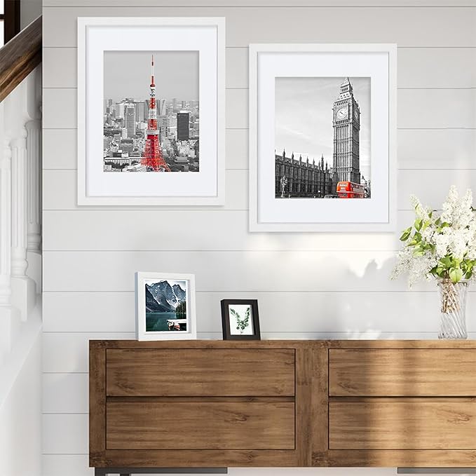 Hongkee 11x14 Picture Frames set of 3, Made of Glass and White Wooden Photo frame - Displays 8x10 Picture with Mat or 11 x 14 Poster without Mat, Wall Collage Frame set