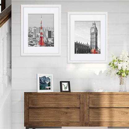 Hongkee 11x14 Picture Frames set of 3, Made of Glass and White Wooden Photo frame - Displays 8x10 Picture with Mat or 11 x 14 Poster without Mat, Wall Collage Frame set