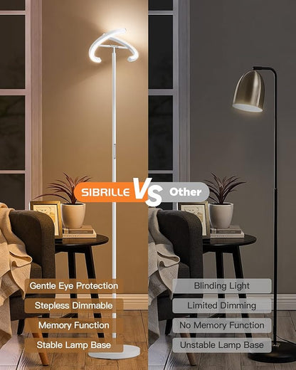 SIBRILLE White Floor Lamp, Modern Stepless Dimmable Standing Lamp 3000-6000K, 20W LED Rotatable Reading Tall Lamp, Touch & Remote Control Uplighter Floor Lamps for Living Room Bedroom Office