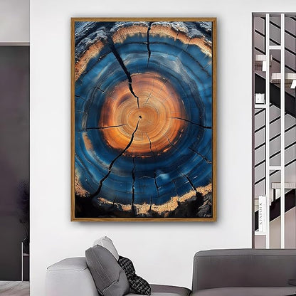 IBHJSART Framed Tree Ring Canvas Wall Art Blue Wall Art Wood Stump Painting Prints Modern Minimalist Pictures Neutral Nature Rustic Farmhouse Decor Living Room Bedroom Bathroom Office