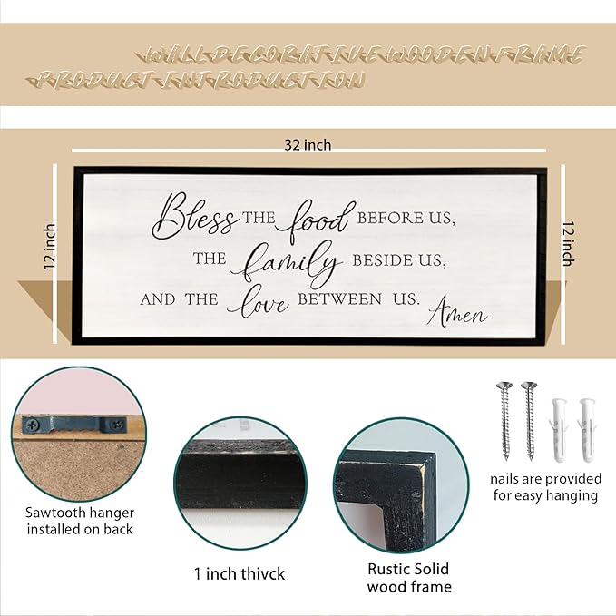 Bless the Food Before Us Wall Decor Sign 32" X 12" Dining Room Wall Decor Framed Wood for Large Farmhouse Vintage Prayer Catholic Kitchen Wall Hanging Scripture Bible Verse Art (Black)
