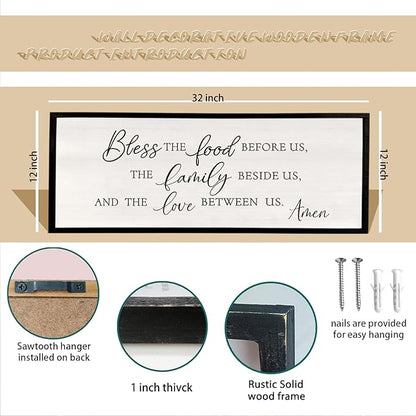 Bless the Food Before Us Wall Decor Sign 32" X 12" Dining Room Wall Decor Framed Wood for Large Farmhouse Vintage Prayer Catholic Kitchen Wall Hanging Scripture Bible Verse Art (Black)