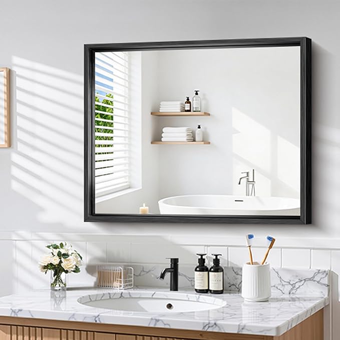CIRCUMI 30"x36" Black Mirror with Chunky Box Metal Frame, Brushed Finish Rectangular Bathroom Mirrors for Over Sink, Living Room, Entryway, Tempered Glass Mirror for Wall, Vertical or Horizontal