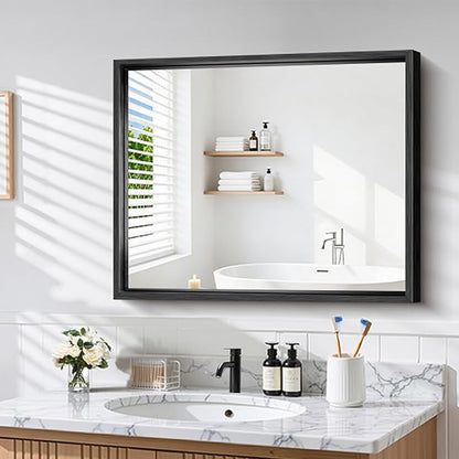 CIRCUMI 30"x36" Black Mirror with Chunky Box Metal Frame, Brushed Finish Rectangular Bathroom Mirrors for Over Sink, Living Room, Entryway, Tempered Glass Mirror for Wall, Vertical or Horizontal
