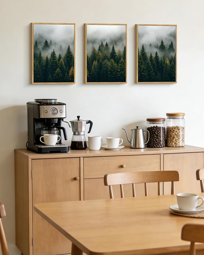 Drsoum Fog Pine Tree Landscape Wall Art Framed Nature Misty Nordic Forests Prints Morden Farmhouse Rustic Artwork Hallway Bathroom Ready to Hang 11x14in Natural Framed