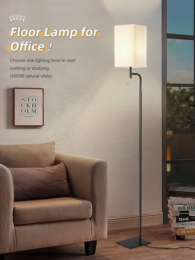 Modern Floor Lamp with 3 Color Temperatures, Square Linen Shade & Solid Iron Flat Base for Stability - Perfect for Compact Spaces Under Sofas or Behind Sectionals, Living Room, Bedroom, Office