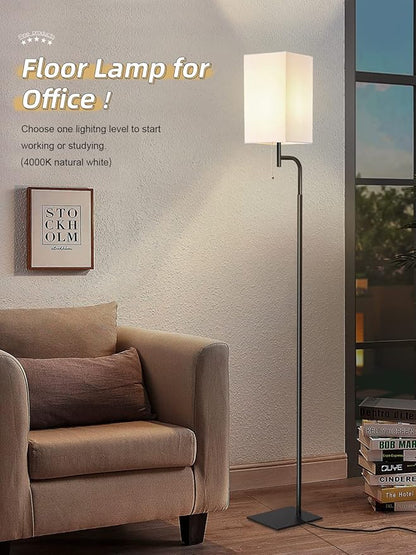 Modern Floor Lamp with 3 Color Temperatures, Square Linen Shade & Solid Iron Flat Base for Stability - Perfect for Compact Spaces Under Sofas or Behind Sectionals, Living Room, Bedroom, Office