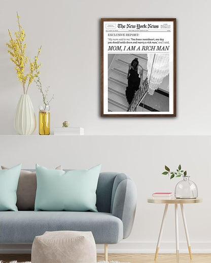 EcoHest Trendy Newspaper Framed Wall Art, Walnut Color 12x16 in OAK Wood Mom I Am a Rich Man Canvas Art, Magazine Girly Poster College Dorm Decor, Set of 1 for Bedroom Living Room