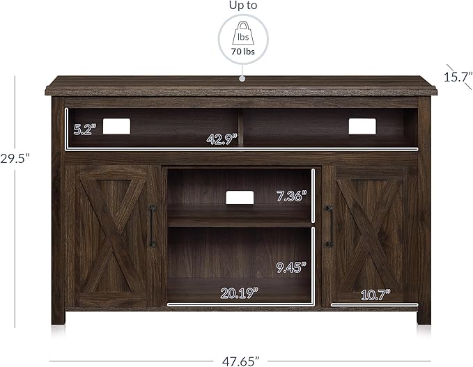 BELLEZE 48” TV Stand for TVs up to 50 Inches, Entertainment Center with Barn Door, Media TV Console Table with Two Open Shelves and Cabinets, TV Cabinet for Living Room Bedroom, Dark Walnut