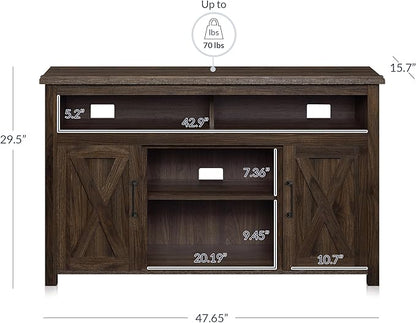 BELLEZE 48” TV Stand for TVs up to 50 Inches, Entertainment Center with Barn Door, Media TV Console Table with Two Open Shelves and Cabinets, TV Cabinet for Living Room Bedroom, Dark Walnut
