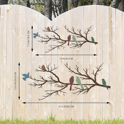 ESTART Metal Birds Wall Art, Metal Vivid Birds on Branch Silhouette Wall Decor Leaves with Bird Outdoor Hanging Wall Sculpture for Living room Bedroom Balcony Garden (Colorful, Large)