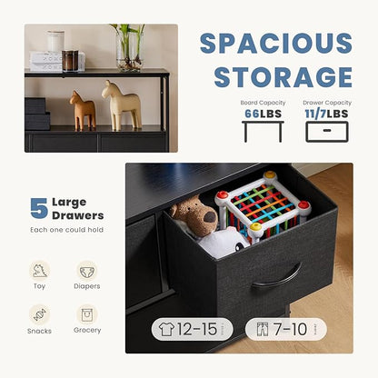 DUMOS TV Stand, Dresser with 5 Fabric Storage Drawers, Media Console Featuring Open Shelf for TV, Compact Entertainment Unit for Bedroom, Living Space, or Dorm Organization, Black