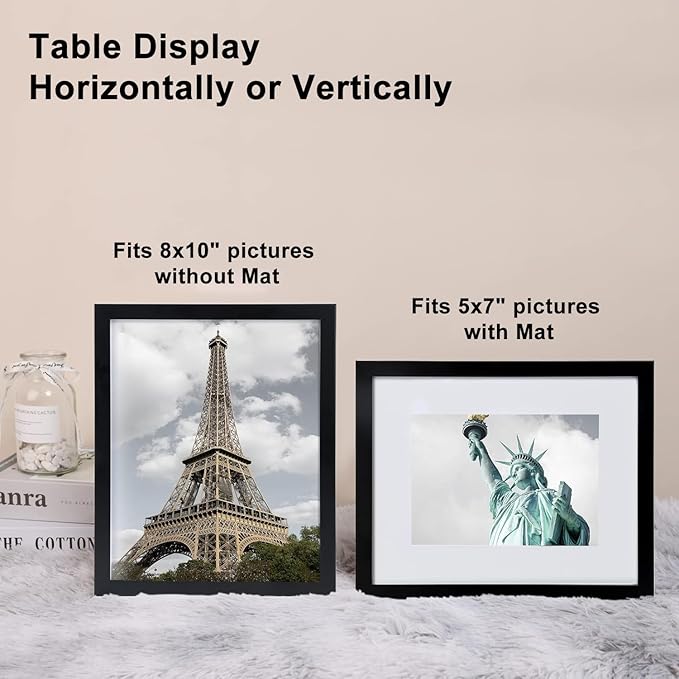 8x10 Picture Frame Set of 6, Display Pictures 5x7 with Mat or 8x10 Without Mat for Tabletop Display and Wall Mounting, Black