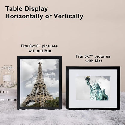8x10 Picture Frame Set of 6, Display Pictures 5x7 with Mat or 8x10 Without Mat for Tabletop Display and Wall Mounting, Black