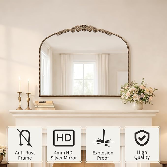 Besdomus Large Gold Vintage Mirror: 29"x 36" French Baroque Bathroom Mirror - Traditional Ornate Antique for Dresser/Mantel/Bedroom/Entryway/Hallway - Home Decor for Living Room