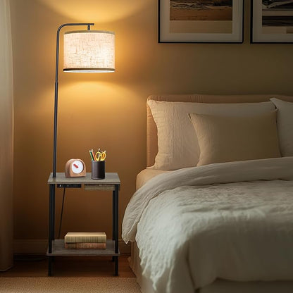 EOEYYOYB Floor Lamp with Table & Drawers, End Table Lamp with USB Charging Portt Power Outlet and Shelves, Side Table Reading Light with 3 Color Temperature Led Bulb Included for Living Room, Gray