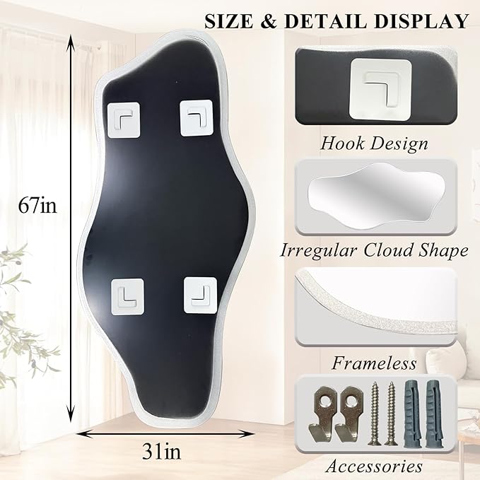 Large Irregular Mirror, 67"x31" Silver Asymmetrical Frameless Mirror Full Length, Organic Tempered Glass Mirrors for Living Room Bedroom Hallway Entryway, Horizontal or Vertical Hanging