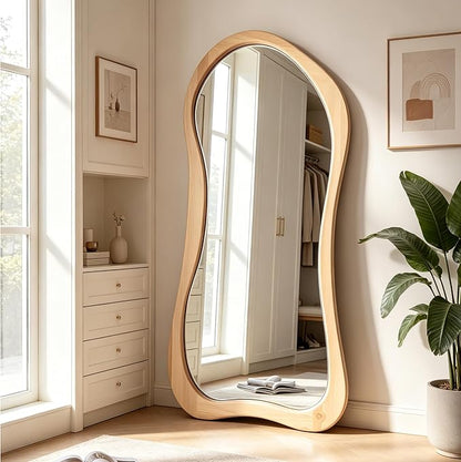 Large Irregular Mirror, 67"x31.5" Asymmetrical Full Body Mirrors with Solid Wood Frame, Premium Organic Aesthetic Floor Mirror for Living Room Entryway Hallway Cloakroom, Leaning/Hanging